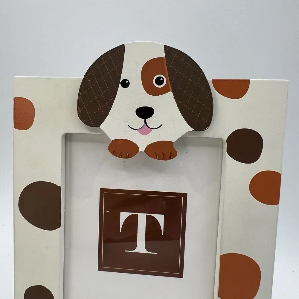 Brown Spotted Dog Photo Frame Wood White Brown 4x6 Portrait Twos Company